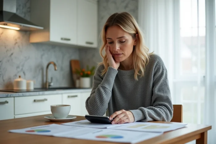 Une femme calculant sa capacité d'emprunt pour un crédit immobilier à la maison