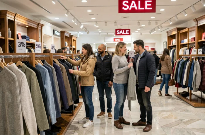Groupe d'amis faisant du shopping pendant les soldes dans un grand magasin londonien