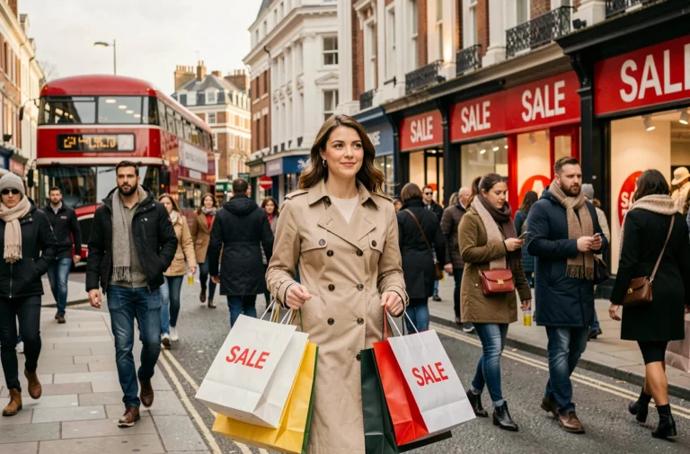 Femme portant des sacs de shopping lors des soldes sur Oxford Street à Londres en hiver