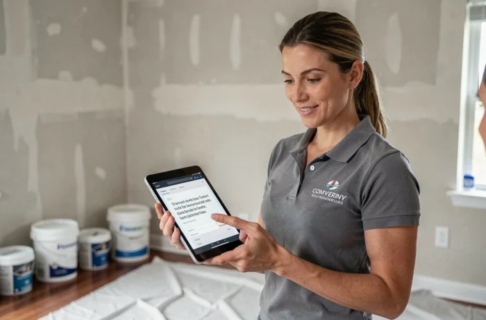 Profesional de la renovación presentando un presupuesto en una tablet en un salón en obras