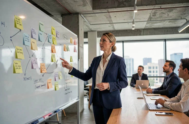 Femme cadre présentant une stratégie de communication d'entreprise devant un tableau blanc dans un bureau moderne