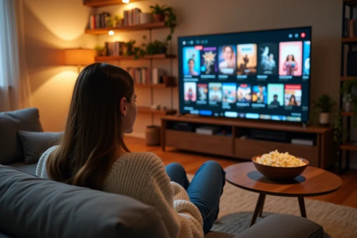 Une jeune femme regardant du contenu en streaming sur un grand écran de télévision dans un salon moderne et cosy