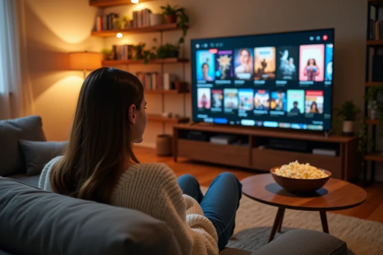 Une jeune femme regardant du contenu en streaming sur un grand écran de télévision dans un salon moderne et cosy