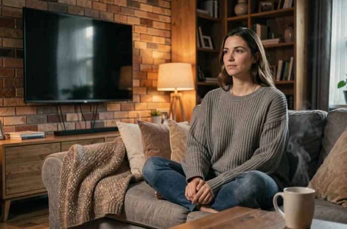 Jeune femme regardant un film en streaming sur grand écran TV dans un salon cosy