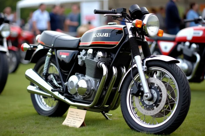 Suzuki GT 750 exposée lors d'un rassemblement de motos vintage en plein air avec une fiche propriétaire