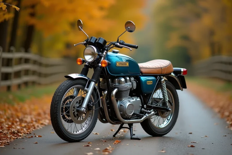 Suzuki GT 750 vintage garée sur une route de campagne entourée de feuilles d'automne dorées