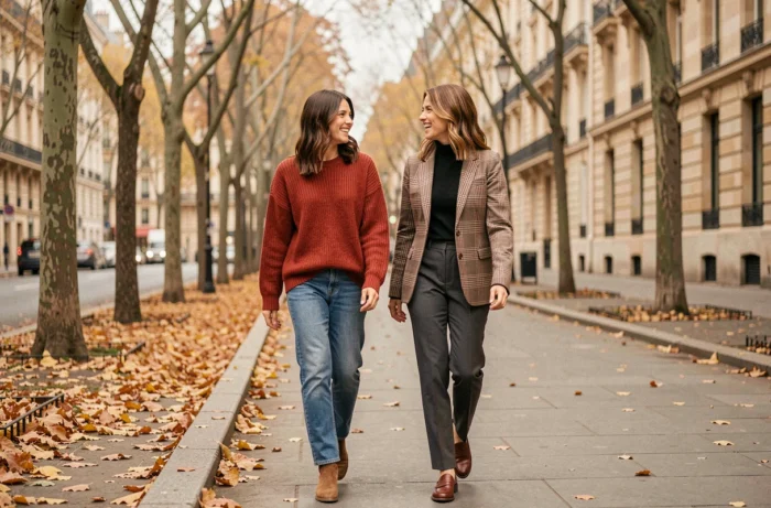 Deux femmes élégantes marchant sur un boulevard parisien en automne, arborant les dernières tendances mode de la saison