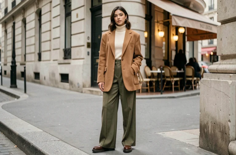 Femme portant un blazer camel oversize et un pantalon large olive dans une rue parisienne, tendances mode automne
