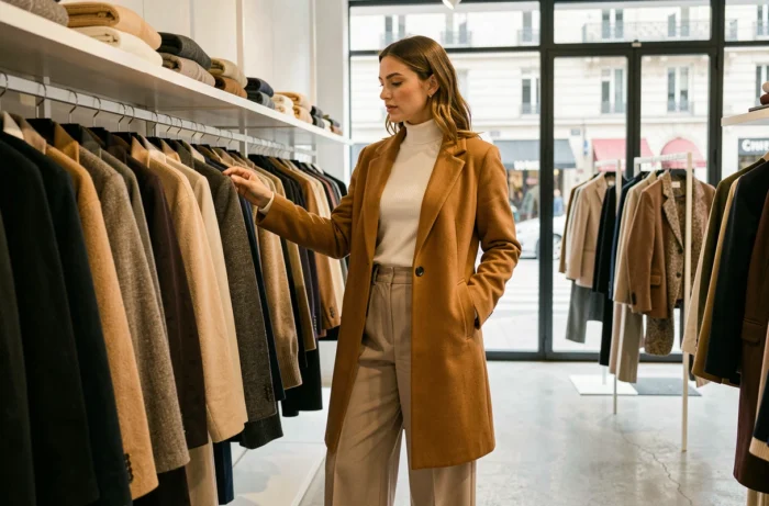 Femme élégante en manteau camel parcourant une boutique de mode parisienne moderne, illustrant les tendances mode de la saison