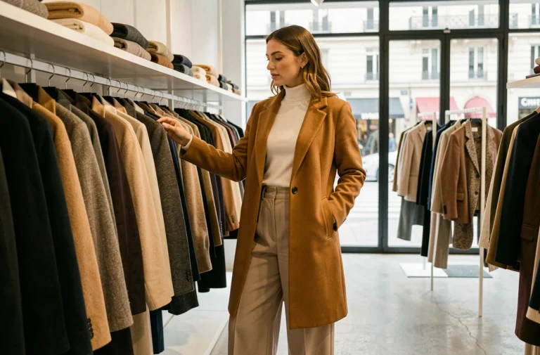 Femme élégante en manteau camel parcourant une boutique de mode parisienne moderne, illustrant les tendances mode de la saison