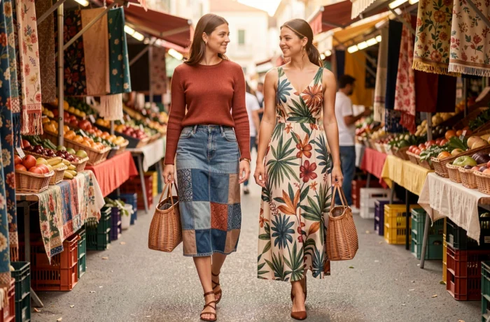 Deux femmes aux styles tendance colorés et texturés se promenant dans un marché en plein air, mode printemps été