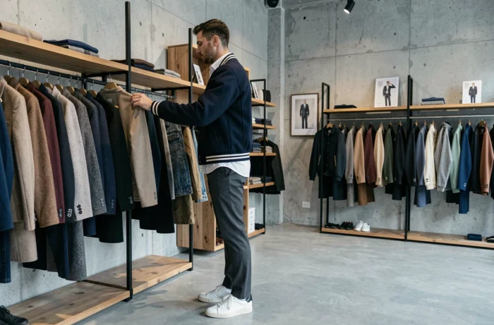 Homme en veste varsity marine parcourant des vêtements dans une boutique de mode minimaliste, style tendance saison