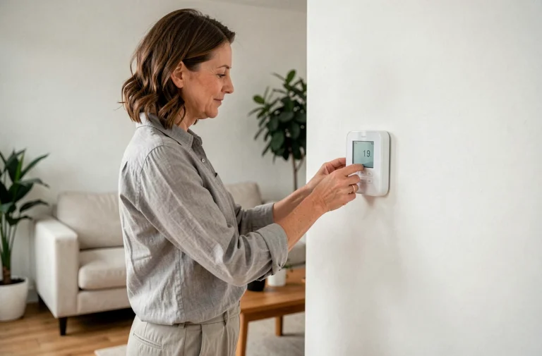 Femme ajustant un thermostat intelligent dans un salon moderne au design épuré pour optimiser le confort thermique de sa maison