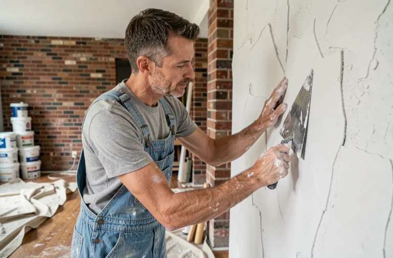 Artisan en salopette effectuant des travaux de plâtrage sur un mur intérieur en cours de rénovation