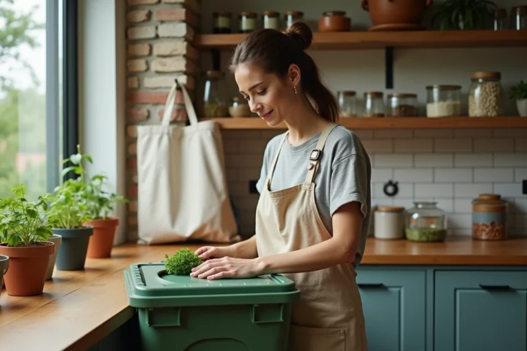 Femme triant ses déchets organiques et recyclables dans une cuisine moderne et écologique avec des étagères en bois et des bocaux en verre réutilisables