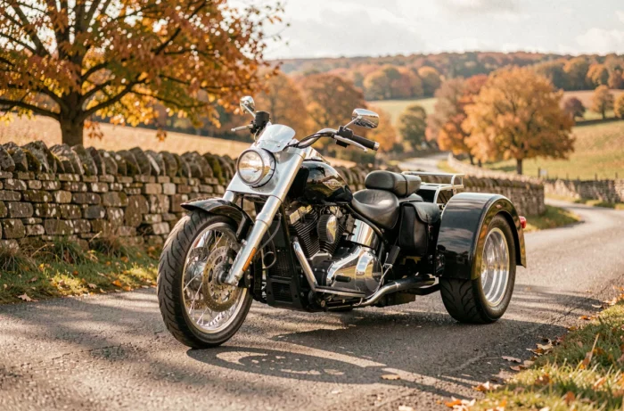 Trike custom parcheggiato su una strada di campagna in autunno che mette in evidenza la trasformazione completa della moto