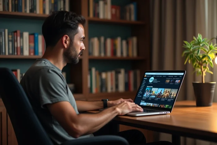 Un homme parcourant le catalogue de films en VOSTFR sur la plateforme Tubi depuis son ordinateur portable