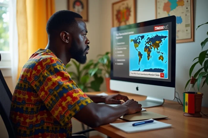 Un homme francophone regardant TV5MondePlus sur son ordinateur de bureau avec des programmes francophones internationaux à l'écran