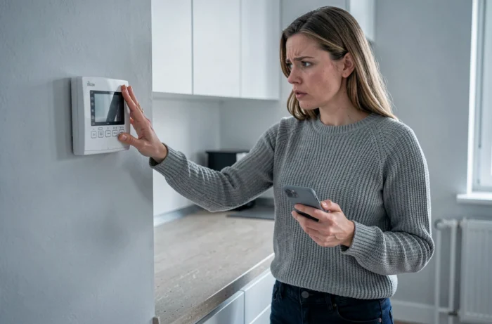 Femme contactant un service d'urgence chauffage depuis son appartement bruxellois en hiver