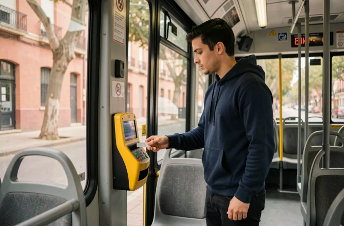 Jeune homme validant sa carte de bus Tisséo à bord d'un bus de la ligne urbaine de Toulouse