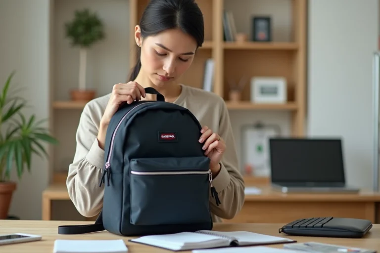 Femme inspectant l'authenticité d'un sac à dos Eastpak en examinant les coutures et la fermeture éclair sur une table en bois