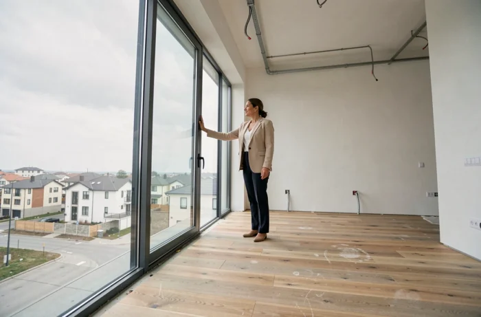 Femme inspectant un appartement neuf vide avec parquet et baies vitrées lors d'une visite immobilière