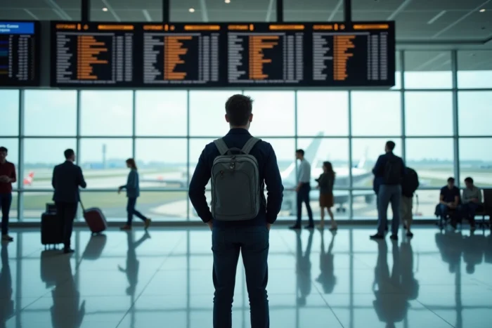 Voyageur masculin dans un terminal d'aéroport international consultant le tableau des départs pour un voyage mondial
