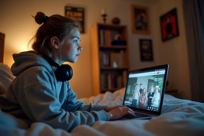 Une adolescente regardant un film complet en accès légal et gratuit sur YouTube depuis son ordinateur portable dans sa chambre